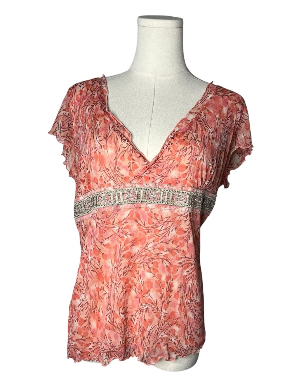 Y2K Vintage Intuitions Pink Floral Silk Beaded Babydoll Going Out Top